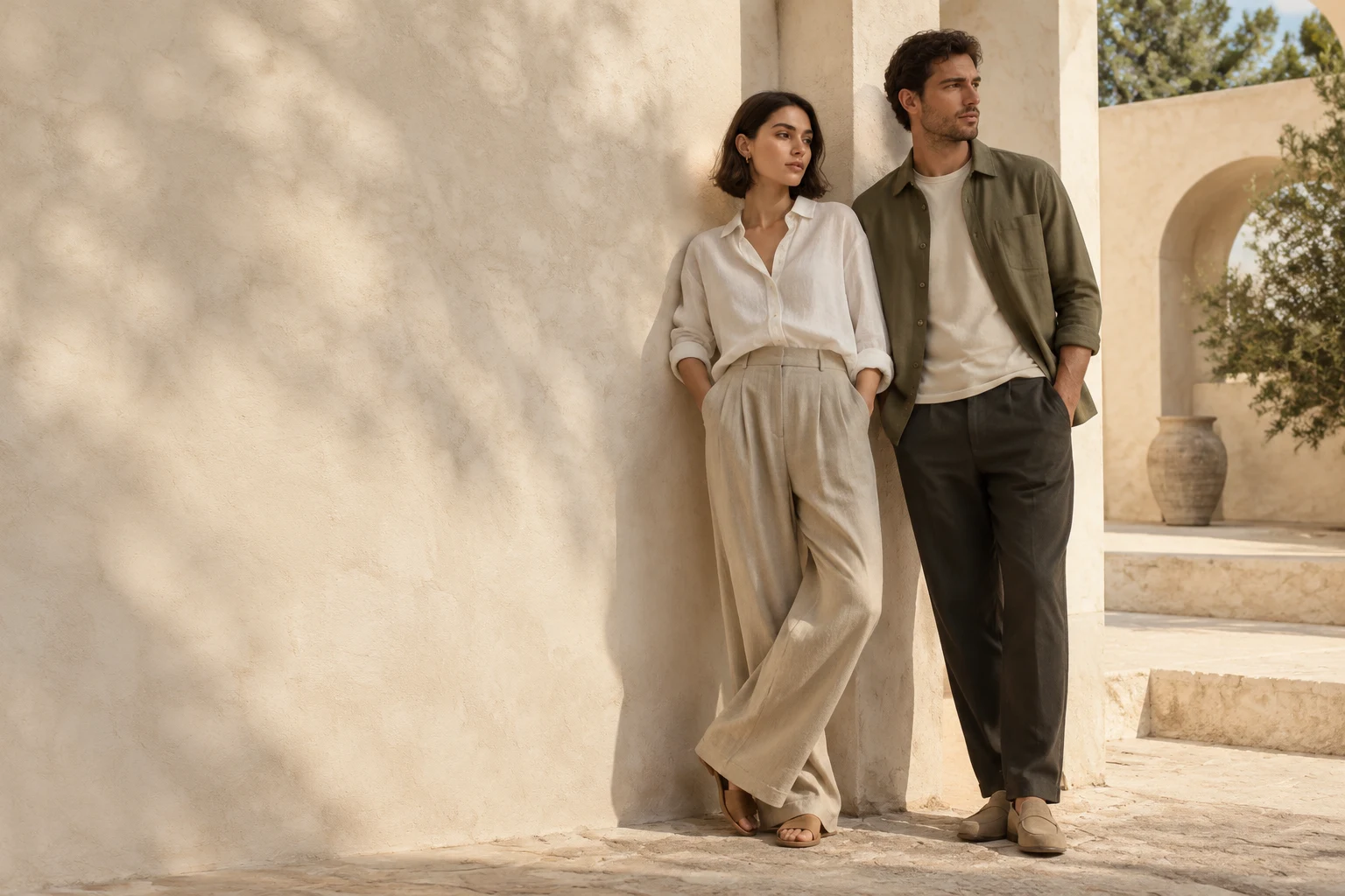 Two people wearing simple neutral everyday clothing in a sunlit courtyard