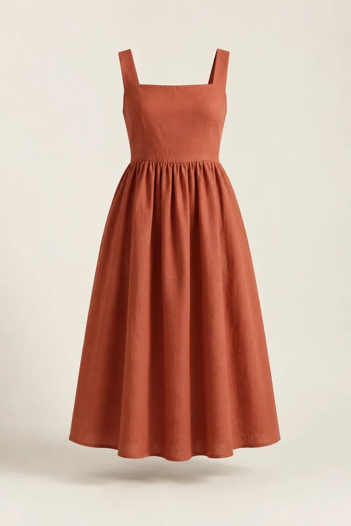 Linen Blend Midi Dress in Terracotta