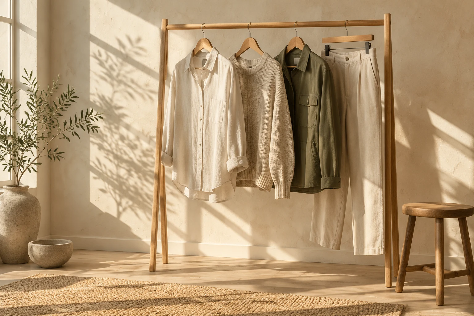 A sunlit clothing rail with a considered selection of neutral garments